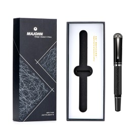 Majohn P138 Piston Fountain Pen Extra Fine Nib, Black Octahedral Etching Pattern Writing Pen with Box Set (Round Pen Cap Version)