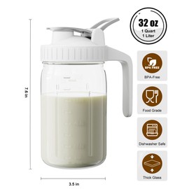 Breast Milk Pitcher, Mason Jar 32 oz, Heavy Duty Wide Mouth Jar with White Flip Cap Lid and Pour Spout, Airtight Seal for Freshness and Convenience, Formula Pitcher Great for Cold Beverages