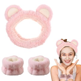 KSJEHW Spa Gesicht Stirnband Handgelenk Waschbänder Set Weiches Makeup Haarband Elastisch Handgelenk Schweißband Flauschiges Kosmetik Stirnband für Damen Mädchen(Rosa, Bärenohren)