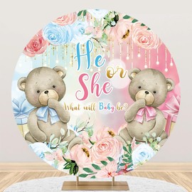 AOFOTO 7.5x7.5ft Bear Baby Shower Round Backdrop Cover Pink Blue Flowers Bear Gender Reveal Party Decorations Banner Boy or Girl He or She Circle Background Baby Newborn 1st Birthday Photobooth Props
