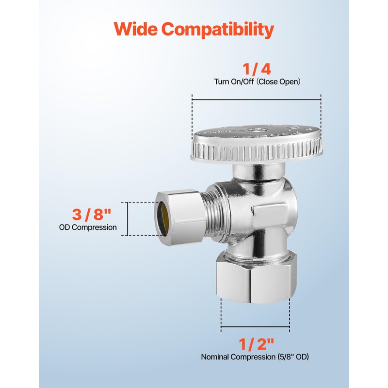 VEVOR 10-Pack Angle Stop Valve, 1/4 Turn Water Shut Off