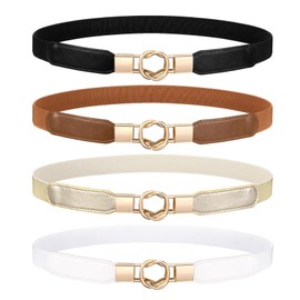 WERFORU 4 Pieces Thin Belt Women's Elastic Waist Belt Stretchy Dress Belt with Golden Buckle, F-Black+Brown+White+Gold