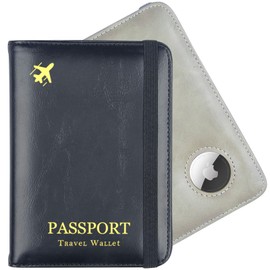 2 Pack Airtag Passport Holder,Passport Wallet with RFID Airtag Slot for Women Men, Family Leather Passport Cover Protector Anti-Lost Travel Essentials (Black+Grey)