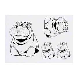 4 x 'Hippo Portrait' Temporary Tattoos - Water Resistant, Skin-Safe, Non-Toxic Transfers, Mixed Sizes (TO00085834)
