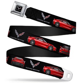 Buckle-Down Seatbelt Belt - C7 Logo/Red C7 Side/Front/Rear Views Black - 1.5" Wide - 24-38 Inches in Length