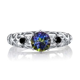 Gem Stone King 925 Sterling Silver Round Blue Mystic Topaz and Black Diamond Women's Ring (1.11 Cttw, Gemstone Birthstone, Available In Size 5, 6, 7, 8, 9)