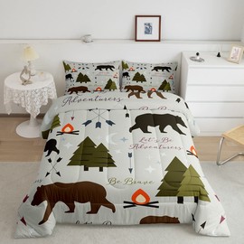 Homewish Happy Camping Comforter Set Twin Size Hunt Bear Pine Trees Bedding Set for Kids Boys Men Adults Cabin Room Decor Campfire Arrow Cartoon Quilt Set Wild Outdoor Adventure Duvet Insert 2pcs