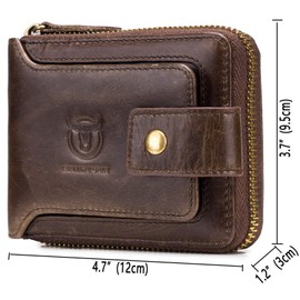 BULLCAPTAIN Mens Genuine Leather Zipper Wallet RFID Blocking Bifold Zip Around Multi Credit Card Holder,Big (brown)