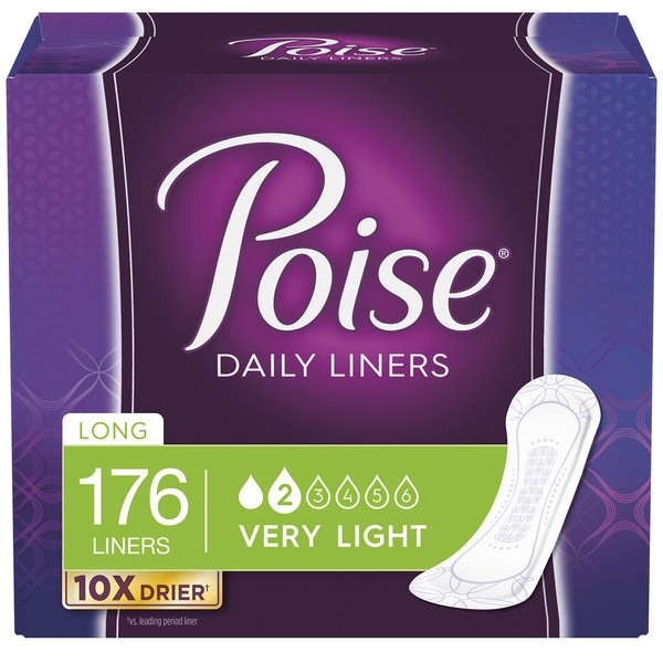 Poise Daily Incontinence Panty Liners, Very Light Absorbency, Long, 176 Count (4 Packs of 44) (Packaging May Vary)
