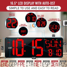 TXL TXL16.5 Digital Wall Clock Large Display, LED Wall Clock with Date and Temperature,Count Up/Down Timer Clock with Remote Control, Adjustable Brightness Alarm Clock for Home, Office, Gym, Elderly