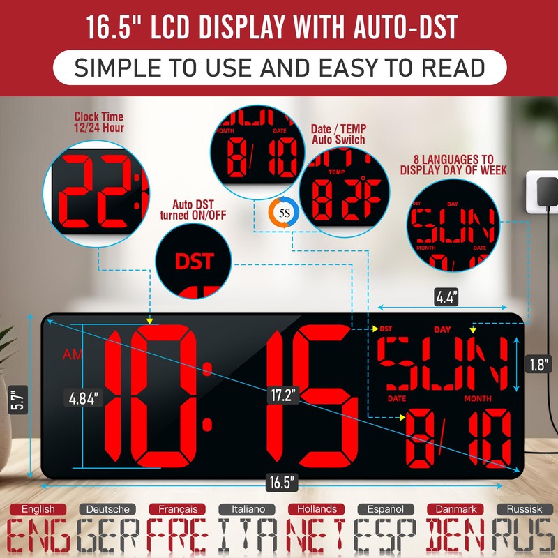 TXL TXL16.5 Digital Wall Clock Large Display, LED Wall Clock