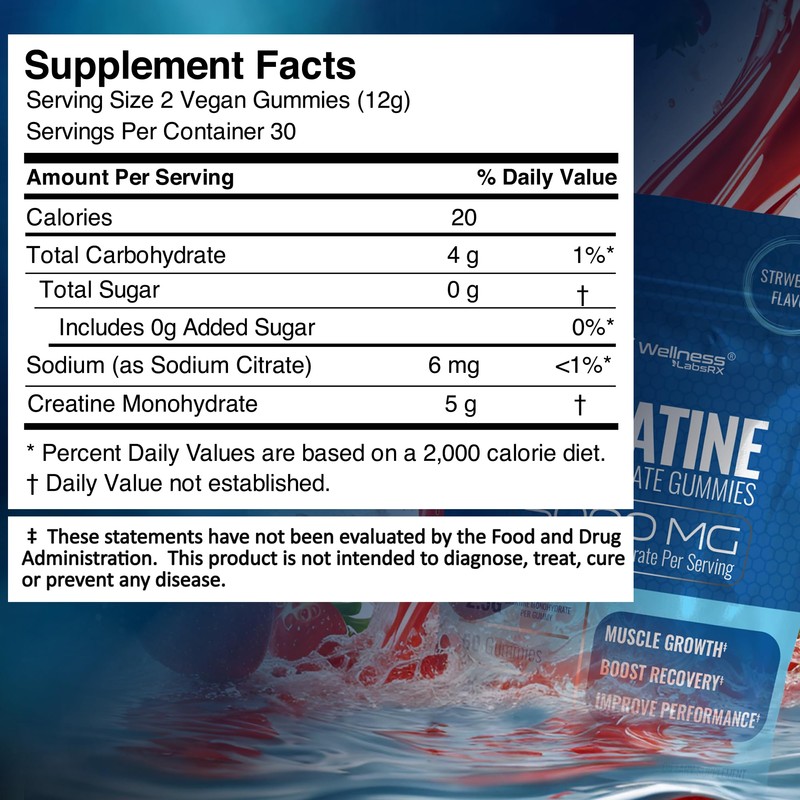 WELLNESS LABSRX Creatine Gummies 5000mg, 30 Servings Creatine Monohydrate Gummies,