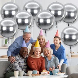 8 Pcs Silver Round Foil Balloons, 22 Inch, Large 4D Mylar Orbz Round Balloons for Baby Shower Birthday Graduate Wedding Anniversary Retirement Party Decorations (Silver)