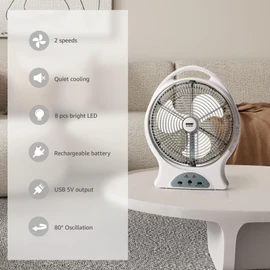 LUDGER 12" Rechargeable Fan with LED Lights (EL-8212F), Portable, Long Battery Life, 2 Speeds, USB Charge, Carrying Handle, 80 Degree Oscillation, Quiet Cooling, Hunting, Camping, Survival Gear