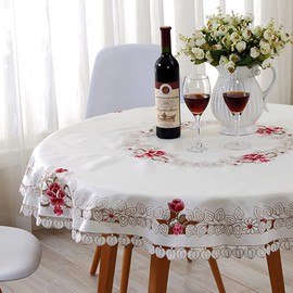 LeLehome 57" Flowers Embroidery Round Tablecloth, Vintage Classic Lace Beige White Leaves Dining Table Cloth Table Cover for Festival Wedding Party Home Kitchen