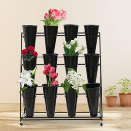 Cbhfmljd 3 Layer Metal Flower Plant Display Stand Shelf With 12 Buckets + Wheels Indoor & Outdoor Bucket Ladder Plant Stand Flower Holder 3 Tier Plant Stands Indoor Wedding Flower Stand Black