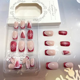 Vopintpy Christmas Tree Fake Nails White Snowflake Press on Nails Glossy Winter Xmas Acrylic Nails with Red French Tip Glue on Nails Medium Square Stick on Nails for Women DIY New Year Manicure