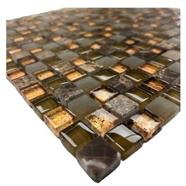 Tenedos Square 5/8 Dark Emperador Marble with Brown Frosted and Bronze Copper Glass Wall Decor Tile for Kitchen Backsplash, Bathroom Shower, Accent Wall (1 Sheet)