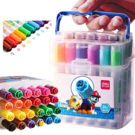 DELI Water Pen Art Marker, Thick Round Pole for Kids, Cartoon Sticker Pen Cap, Smooth Color Application, Quick Dry Without Mess Hands, Water Pen Washable Color Pen, Color Pen Set (Set of 24 Colors)