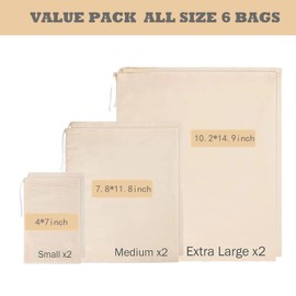 SYTHAK 6pcs Muslin Drawstring Bags,Natural Unbleached Cotton Straining Herbs Cheesecloth Bags,Reusable Cold Brew Coffee Cheese Cloths Strainer,Large Nut Milk Tea Juice Bag.