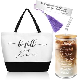 Hosuly 3 Pcs Christian Gifts for Women Religious Gifts Bible Inspirational Friendship Gifts 16oz Glass Cups Bible Verse Tote Bag Bookmark Birthday Christmas Faith Based Gift for Friends Mom Sister
