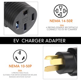 Kanayu 3 Prong Stove Adapter Compatible with NEMA 10-50P to 14-50R Adapter 3 Prong Male Plug to 4 Female Receptacle 50Amp EV Charger Generator Welder Dryer Power Cord Connector (Black)