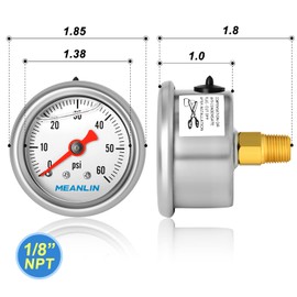 MEANLIN MEASURE 0~60Psi Stainless Steel 1/8" NPT 1.5" FACE DIAL, Glycerin Filled Pressure Gauge, Liquid Filled, Water Oil Air, Back Mount, with 1/8" x 1/4" NPT and 1/8" x 3/8" NPT Hex Bushing