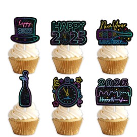 18pcs Blue Glitter Dessert Cupcake Topper Happy New Year 2025 Theme Decorations New Years Eve Wedding Winter Party Decor Supplies