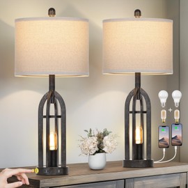Cinyirong 27" Rustic Table Lamps for Living Room - Farmhouse Lamps Set of 2 with USB C+A & Outlet, 3-Way Dimmable Touch Lamps for Night Stands, Vintage Bedside Lamp for End Tables,Bedroom,Bronze