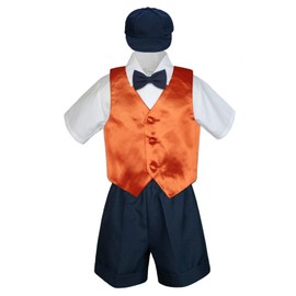 Leadertux 5pc Formal Baby Toddler Boys Orange Vest Navy Shorts Suits Hat S-4T (2T)