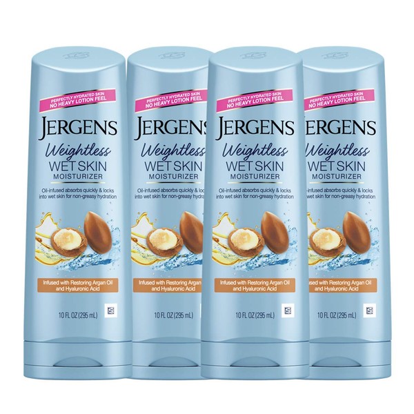 Jergens Wet Skin Body Moisturizer with Restoring Argan Oil, 10 Ounces, In Shower Lotion, Moisturizer for Dry Skin, Fast-Absorbing, Non-Sticky, Dermatologist Tested (Pack of 4) (Packaging May Vary)