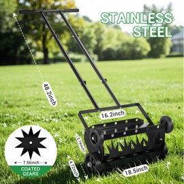 Raxjult Push Spike Manual Lawn Aerator,Heavy Duty 18-Inch Rolling Hand Lawn Aerator with 4 Wheels,Aerator Lawn Tool with T- Handle, Manual Aerator Lawn Tool Suitable for Lawn, Garden and Yard