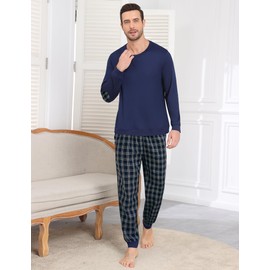 Ekouaer Pyjamas Men Long Sleeve Pjs Sets Plaid Pajamas for Men Nightwear Loungewear, Navy Blue1, L