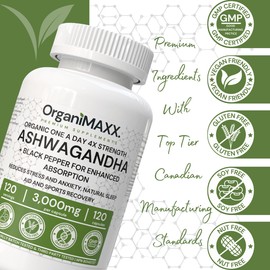4X Strength Organic Ashwagandha 3,000mg PER SINGLE CAPSULE, 120 Capsules Per Bottle Ashwagandha Supplement With Black Pepper For Enhanced Absorption. Made & Third Party Tested In Canada, Vegan, Gluten Free & Non-GMO