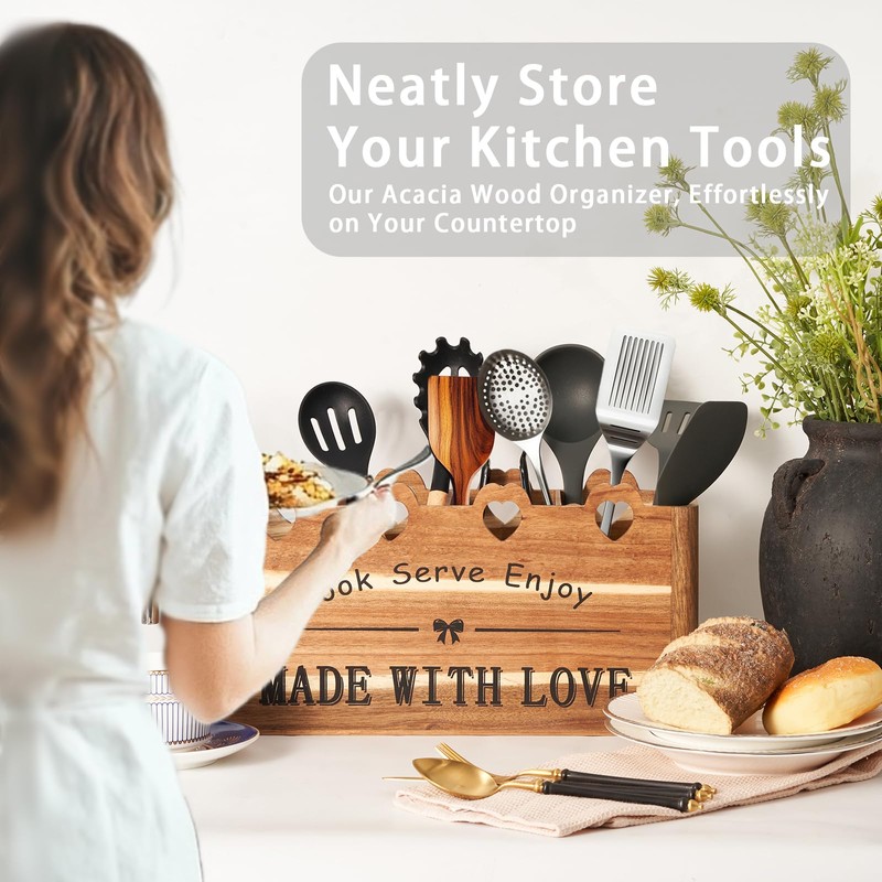 Kitchen Utensil Holder, Large Acacia Wood Organizer for Countertop |