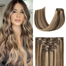 Aison Caramel Clip in Hair Extensions 70G Highlight Chocolate Brown to Caramel Blonde 100% Remy Human Hair Soft Silky Straight for Fashion Women 7pcs 16clips One Pack (12 Inch #4P27)