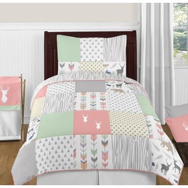 Sweet Jojo Designs Coral, Mint and Grey Woodsy Deer Girls 4 Piece Kids Childrens Twin Bedding Set