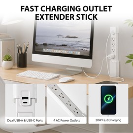 Telescopic Outlet Extender, 4 AC Outlets & PD 20W USB-A USB-C Charging Ports, 180° Rotatable Plug, Extendable 17.24"-29.06" Wall Socket Splitter for Nightstand, Sofa, Desk & Hard-to-Reach Outlets