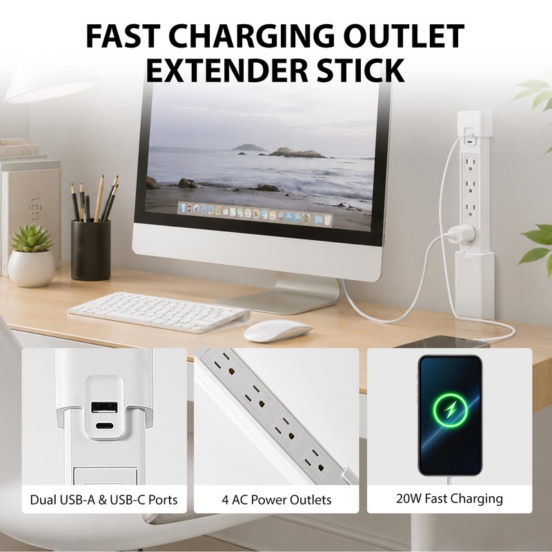 Telescopic Outlet Extender, 4 AC Outlets & PD 20W USB-A