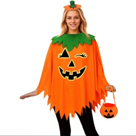 3PCS Disfraz de calabaza de Halloween para mujer, poncho de calabaza que brilla en la oscuridad para adultos con diadema y bolsa.Halloween disfraces fiesta cosplay.