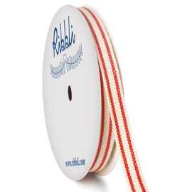 Ribbli Natural Cotton Stripe Ribbon,3/8 Inch x 10 Yard Spool,Natural/Red,Farmhouse Rinbbon,Use for Gift Wrapping,Home Decor,Floral Decoration