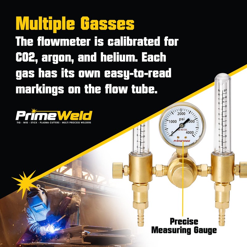 PrimeWeld Welding Flow Meter Regulator, CO2, Argon, Helium, Dual Meter,