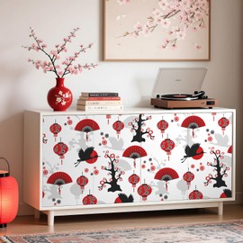 Yenhome 17.5"X118" Japanese Wallpaper Peel and Stick Red and Black Oriental Tree Flower Asian Crane Bird Fan Lantern Wallpaper for Bedroom Wall Mural Self Adhesive White Contact Paper for Cabinet Wall