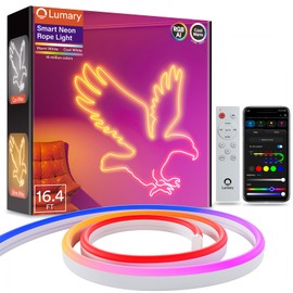 Lumary 16.4Ft Smart LED Rope Lights Indoor, Music Sync Neon Rope Light with 2200K-6500K Dimmable, RGBAI Neon Strip for Living Room, Bedroom or Wall Decor, APP/Remote/Voice Control, DIY Scenes