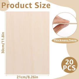 CYEER 20 Pack Plywood Sheets, 3MM Basswood Sheets A4 Thin Plywood Board, Unfinished Wood Boards for Crafts, DIY, Wood Engraving, Laser Projects, Model Making, Decoration, Paintings, 300x210x3mm