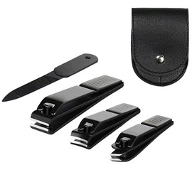 4 Piece Nail Clippers Set, Ultra Sharp, Sturdy Black Stainless Steel Fingernails, Toenail Clippers and a Nial File with Leather Travel Case (Black and Black Bag)