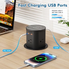 BTU Pop Up Outlet for Kitchen Countertop with 15W Wireless Charger, 20W USB C Fast Charging & 4 AC Outlet, 3 3/8" Hole Desk Charging Station Pop Out Outlet for Office, Conference, Kitchen Use
