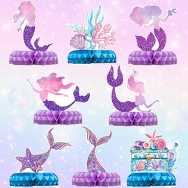 QIFU 8Pcs Mermaid Party Decorations Supplies, Mermaid Centerpieces Tables, Mermaid Honeycomb Table Decorations Centrepiece Butterfly Theme Party Supplies For Girls Birthday Baby Shower Party Decor