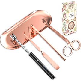 burtok 5 in 1 Candle Care Kit, Elegant Candle Wick Trimmer Set, Candle Lighter Set, Candle Snuffer, Candle Tray, Candle Wick Dipper, Candle Accessories Set for Candle Lover (Rose Gold)