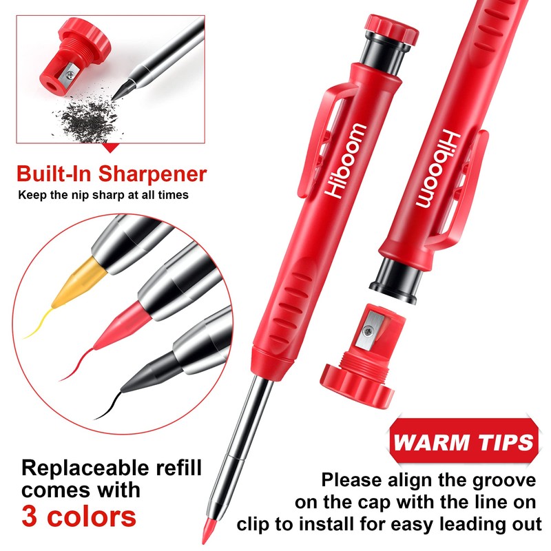 Hiboom 3 Pack Carpenter Pencils Set with 24 Refills, 2.8